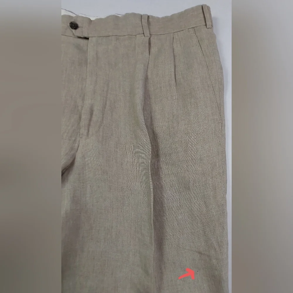 Paul Fredrick Dress Pants Mens Size 38x29 Beige Tan 100% Linen Pleated Cuffed